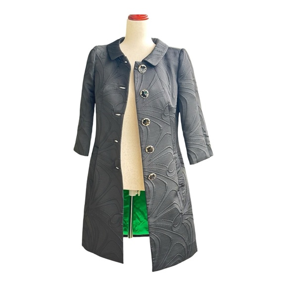 Milly Vintage Textured Black Jacquard Coat Green Lining 3/4 Sleeve Luxury Size 4 - Picture 5 of 15